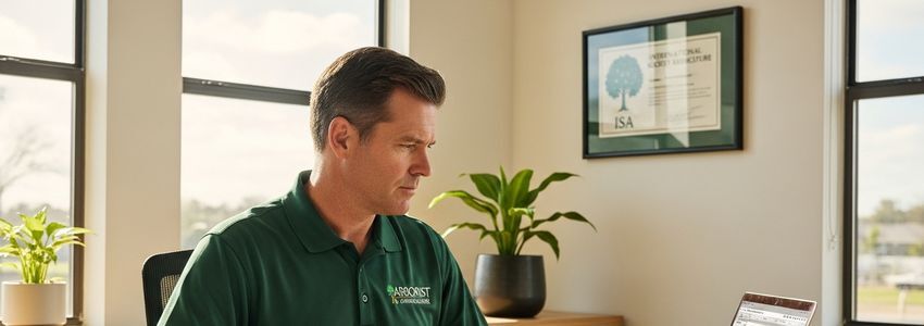 Arborist business owner reviewing financing options with equipment in background