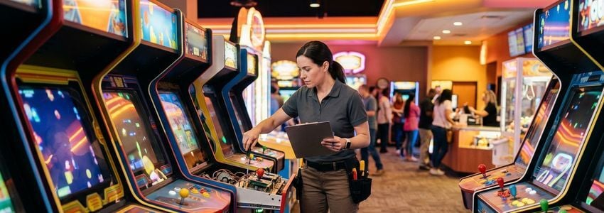 Business professional inspecting arcade game equipment inside a family entertainment center