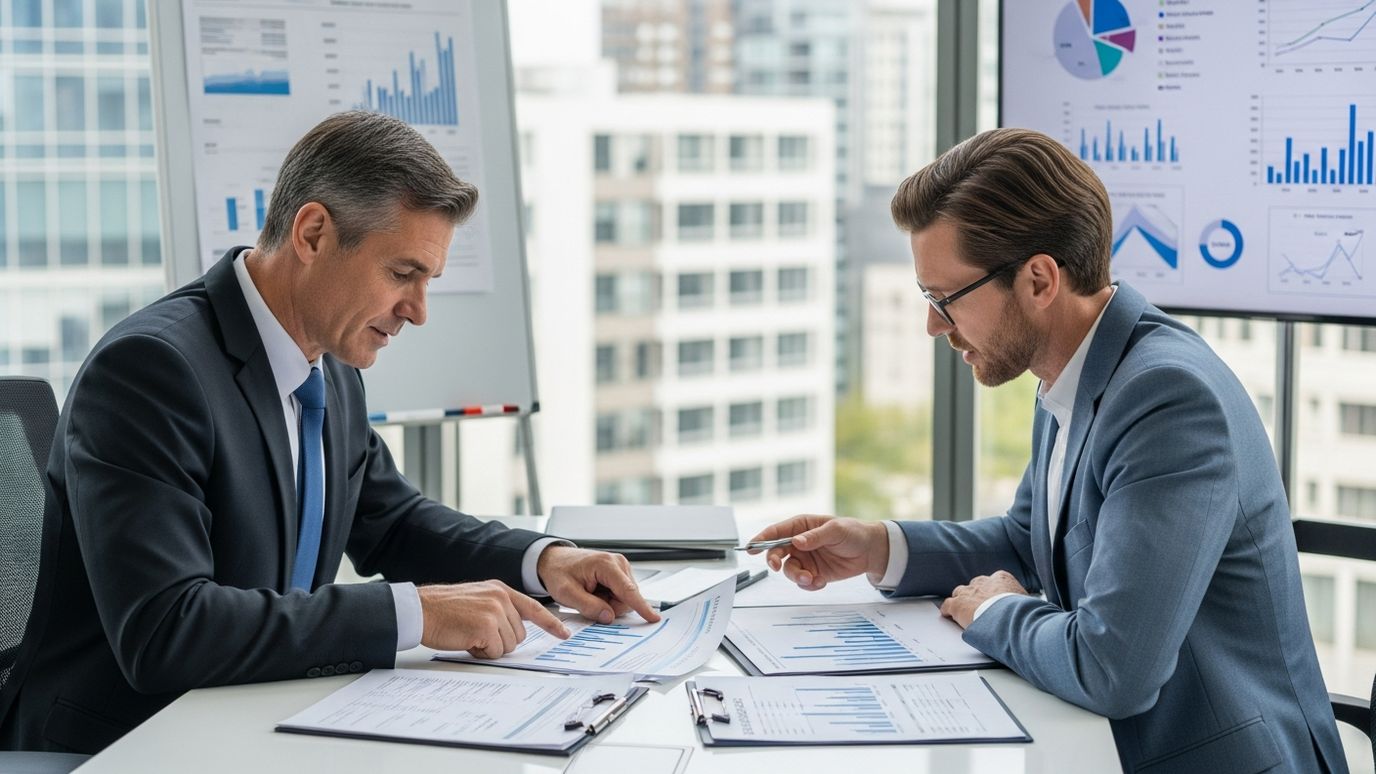 Two business professionals reviewing financial documents for an asset-based lending consultation in a modern office