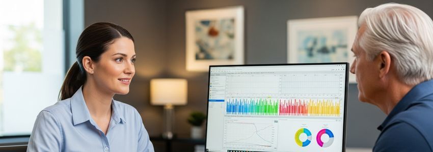 Audiologist consulting with patient in a professional hearing clinic, reviewing diagnostic results
