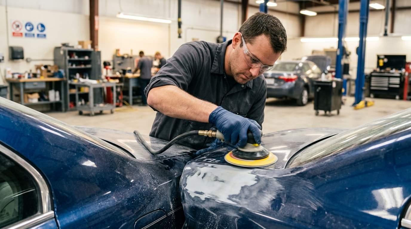 Auto body shop technician working on vehicle frame straightening equipment in a professional collision repair facility