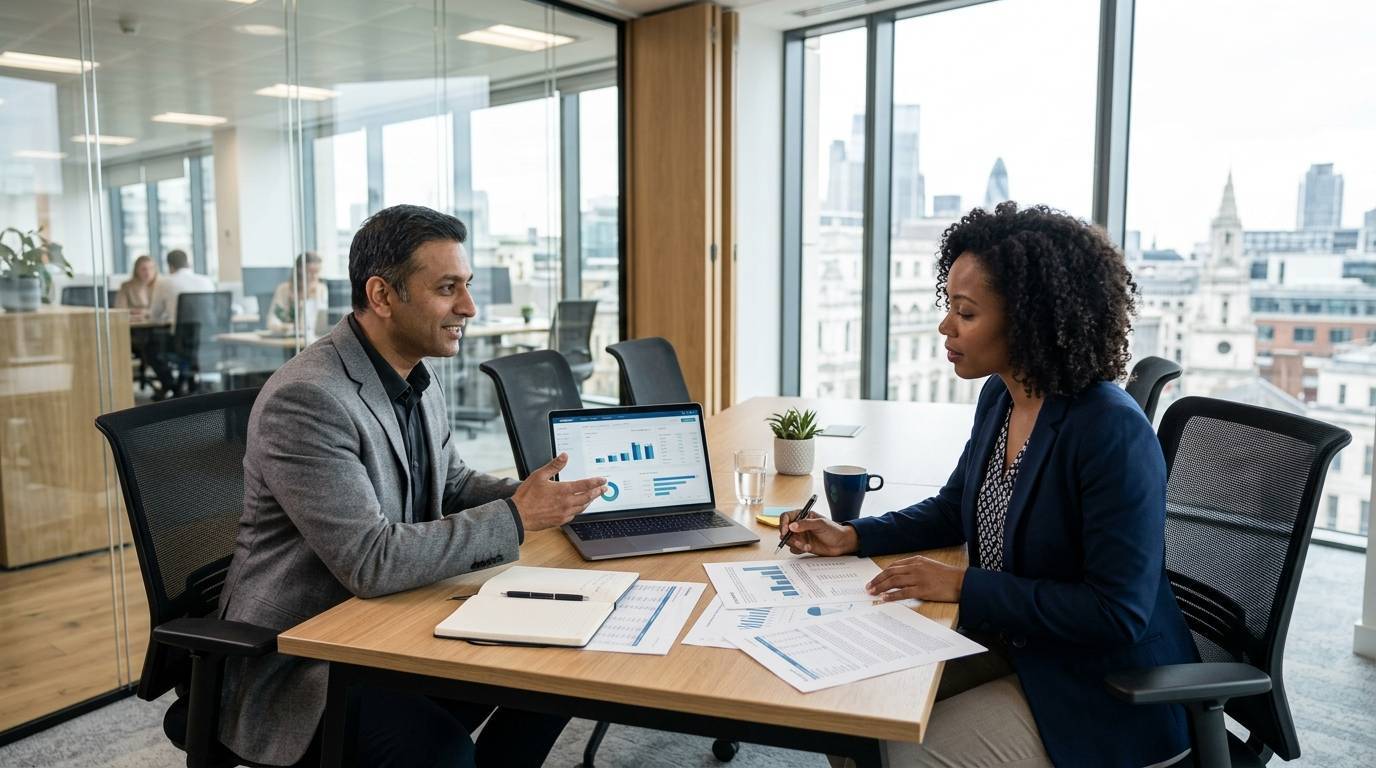 Business financing specialist discussing automotive dealership loan options with a car dealer owner