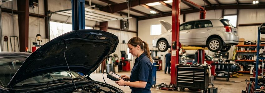 Auto repair technician using a handheld diagnostic scan tool on a vehicle in a repair shop