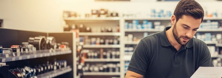 Auto parts store owner reviewing business financing documents at the counter