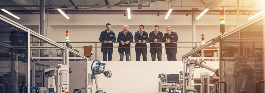Business professionals overseeing an automated manufacturing facility with robotic systems and conveyor equipment