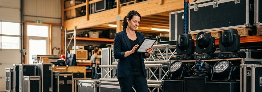 Event production technician setting up professional sound and lighting equipment before a live event