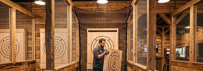 Axe throwing venue employee setting up a target board and safety netting in a commercial lane
