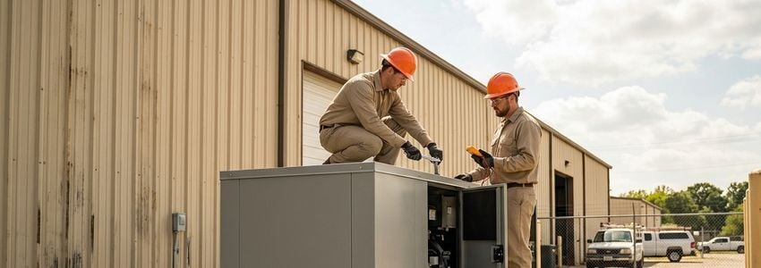 Electrician and business owner reviewing a commercial backup generator installation outside a business facility