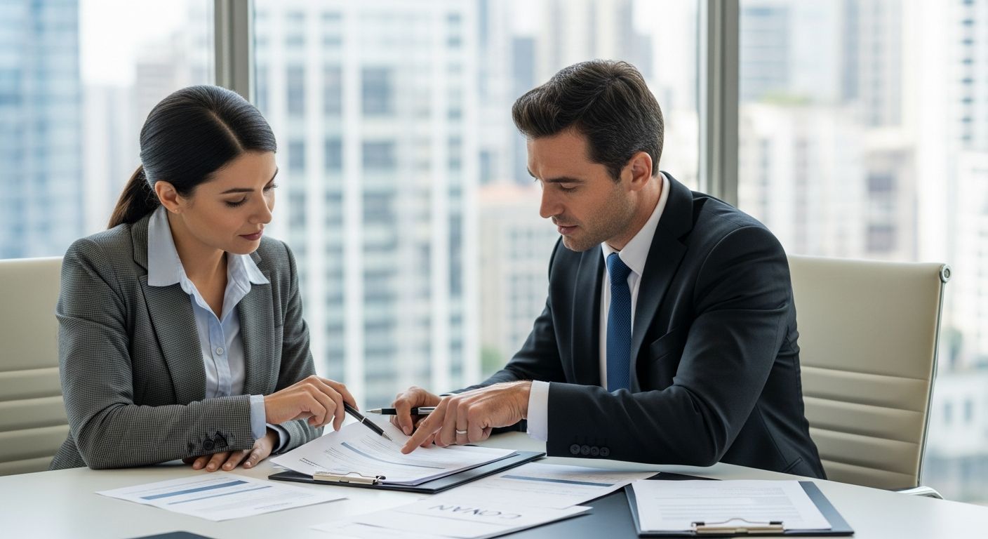 Business professionals reviewing bar loan documents at a modern office meeting table