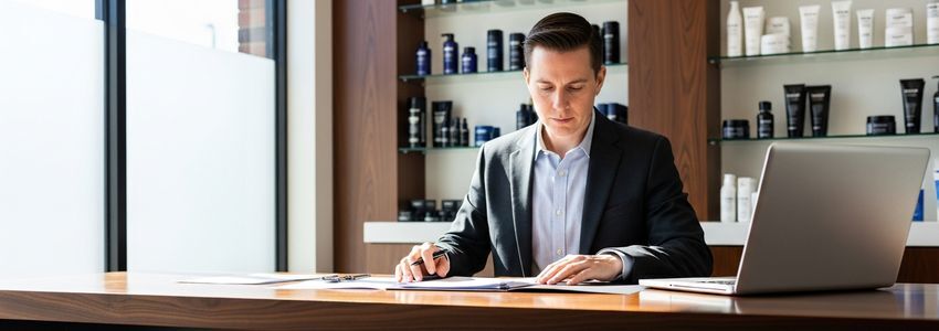 Professional barber shop owner reviewing equipment financing documents at a modern barber shop counter