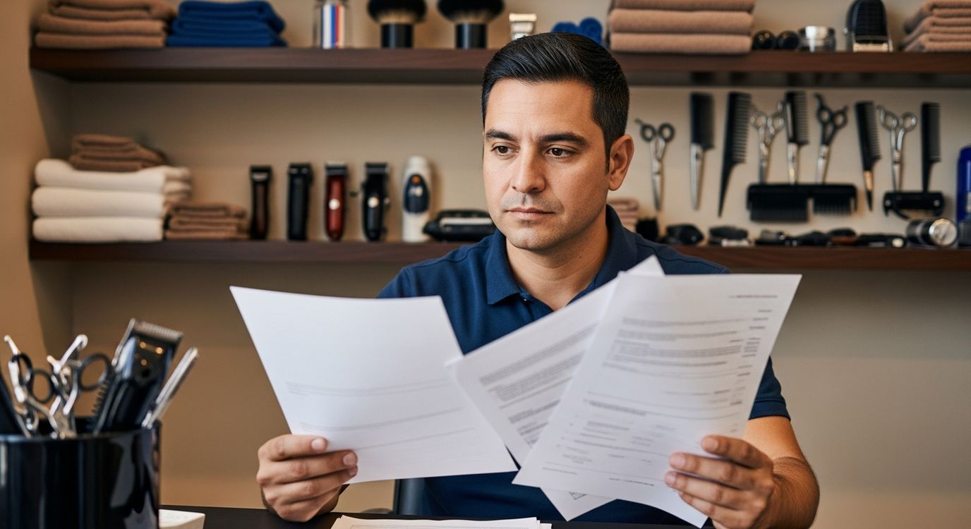 Barbershop owner reviewing business loan paperwork in the back office of a professional barbershop