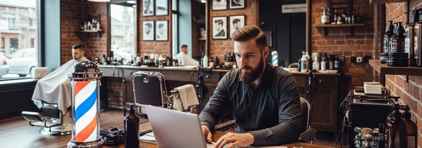 Barbershop owner reviewing financing options at a desk inside a modern barbershop