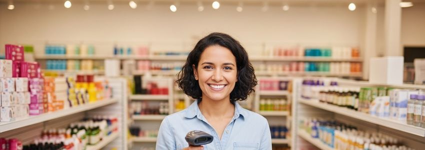 Business owner using a barcode scanner in a retail store, demonstrating barcode scanner system financing in action