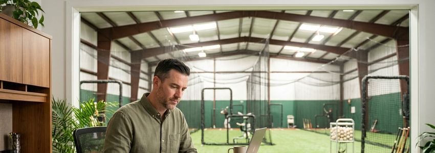 Baseball training academy owner reviewing financing paperwork inside an indoor batting cage facility with pitching machines and turf visible