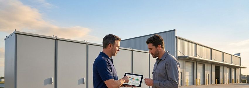 Facilities manager and technician reviewing a commercial battery energy storage system installation at an industrial facility