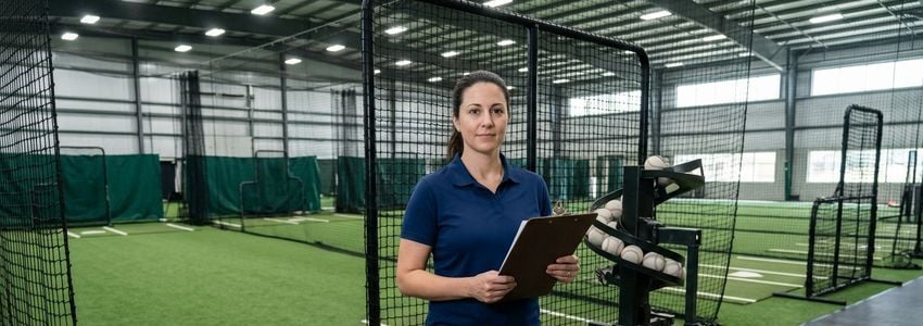 Batting cage facility owner reviewing pitching machine equipment financing options