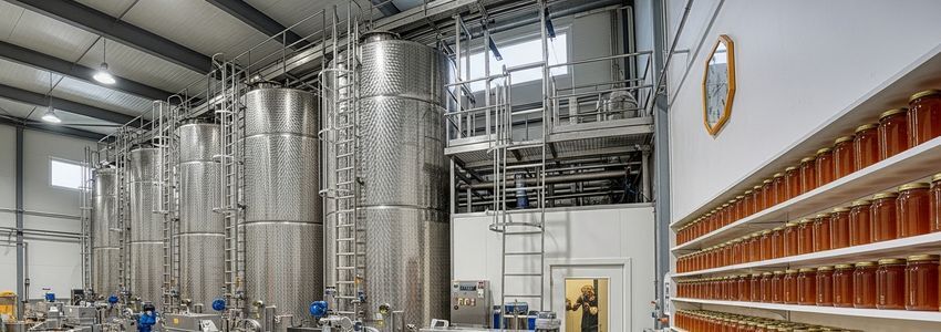 Commercial honey processing facility with stainless steel tanks and honey jars, representing beekeeping business operations requiring financing
