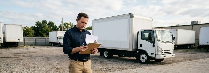 A financing professional reviewing equipment paperwork in a commercial truck depot yard with box trucks in the background