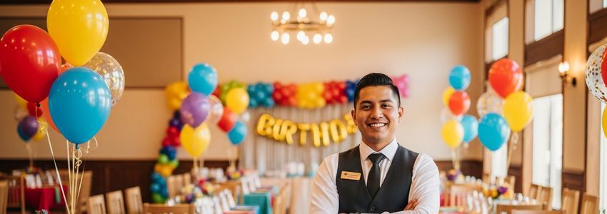 Birthday party venue manager reviewing financing documents at a colorful decorated event space