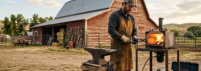 Blacksmith wearing protective apron using a power hammer to shape glowing steel stock in a metalworking forge shop