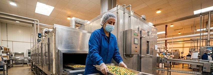 Food processing plant worker inspecting frozen product near industrial blast freezer equipment