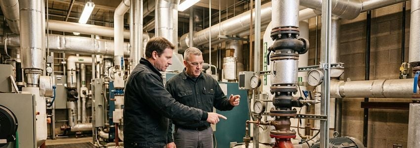 Facilities maintenance technician inspecting a commercial boiler feed pump system in a mechanical room