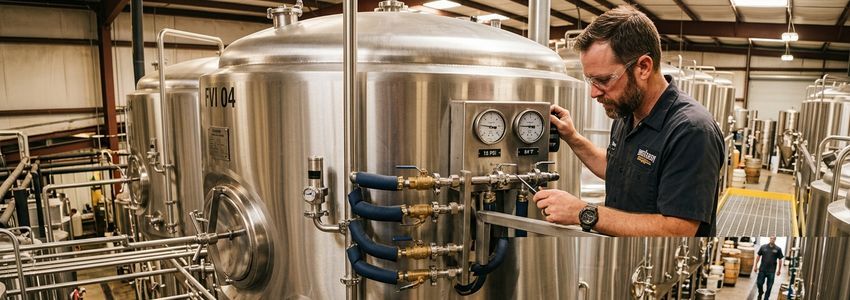 Brewery worker inspecting new stainless steel fermentation tanks in an expanded craft brewery cellar
