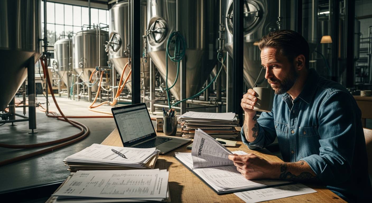 Brewery owner reviewing financing documents at a desk inside the brewery