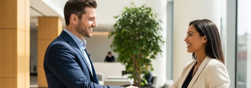 Business professionals completing a bridge loan financing agreement in a modern office setting