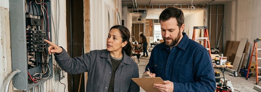 Contractor and business owner reviewing building code repair plans in a commercial space