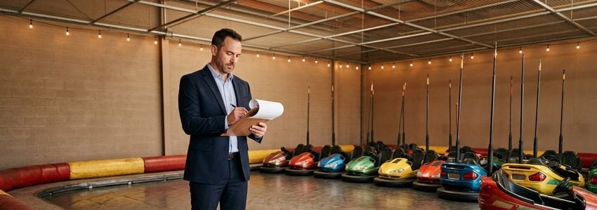 Family entertainment center manager reviewing financing paperwork near a bumper car attraction floor