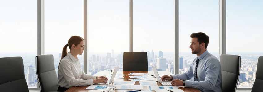 Business appraiser and client reviewing valuation report in a professional boardroom