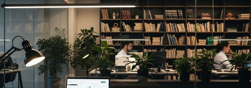 Business owner reviewing checking account statements for a business loan application in a modern office