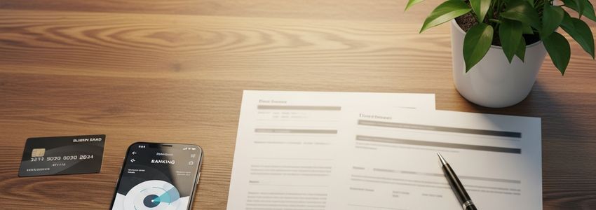 Business owner reviewing credit card statements and financial documents at an office desk