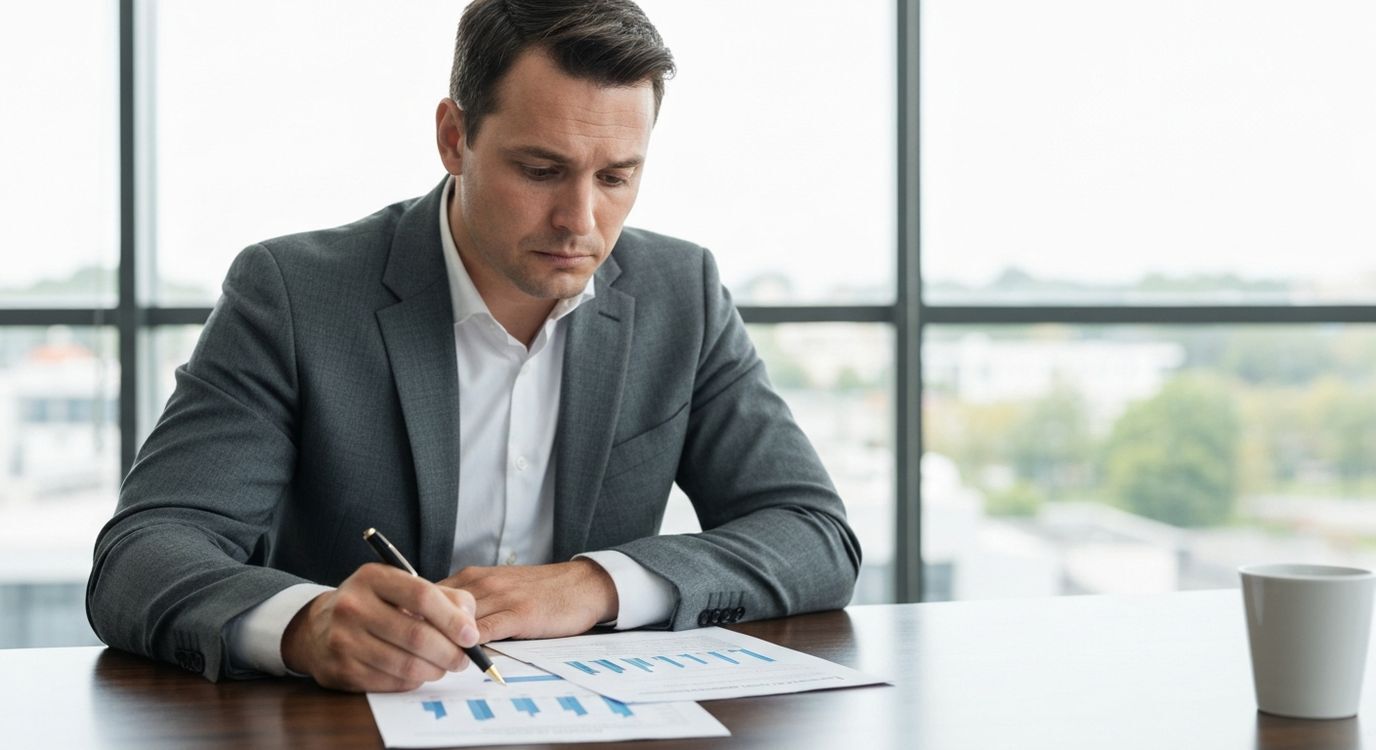Business owner reviewing expansion loan documents with a financial advisor at a modern office desk