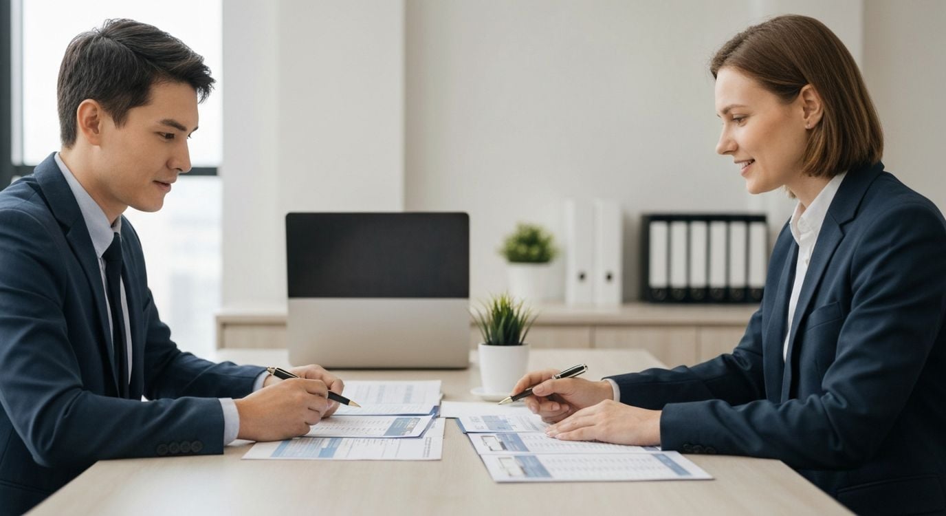 Business owner and financial advisor reviewing line of credit documents in a professional office