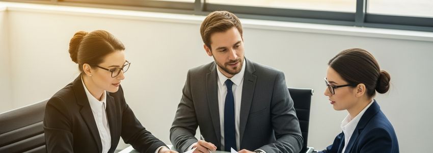 Business professional reviewing loan documents with a financial advisor