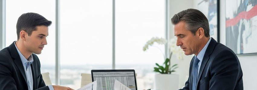 Business professionals reviewing loan assignment documents at a conference table