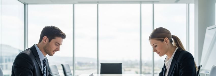 Business professionals reviewing loan checklist documents at office conference table