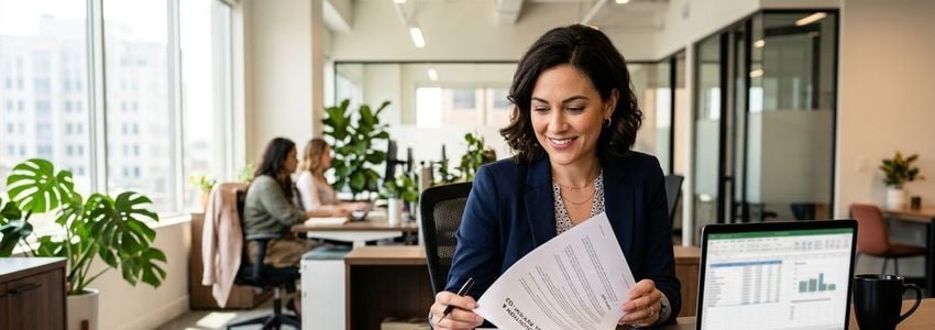 Business owner reviewing acquisition financing documents and a customer list purchase agreement in a modern office