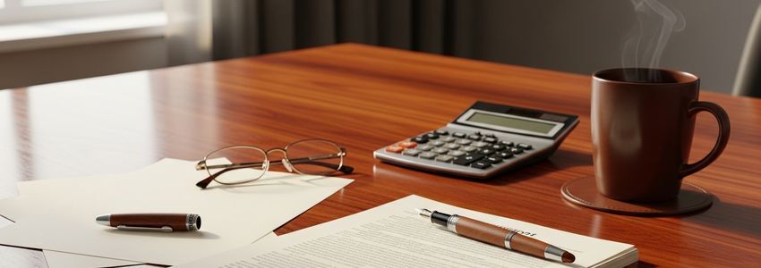 Business loan contract documents on a professional office desk with pen and calculator