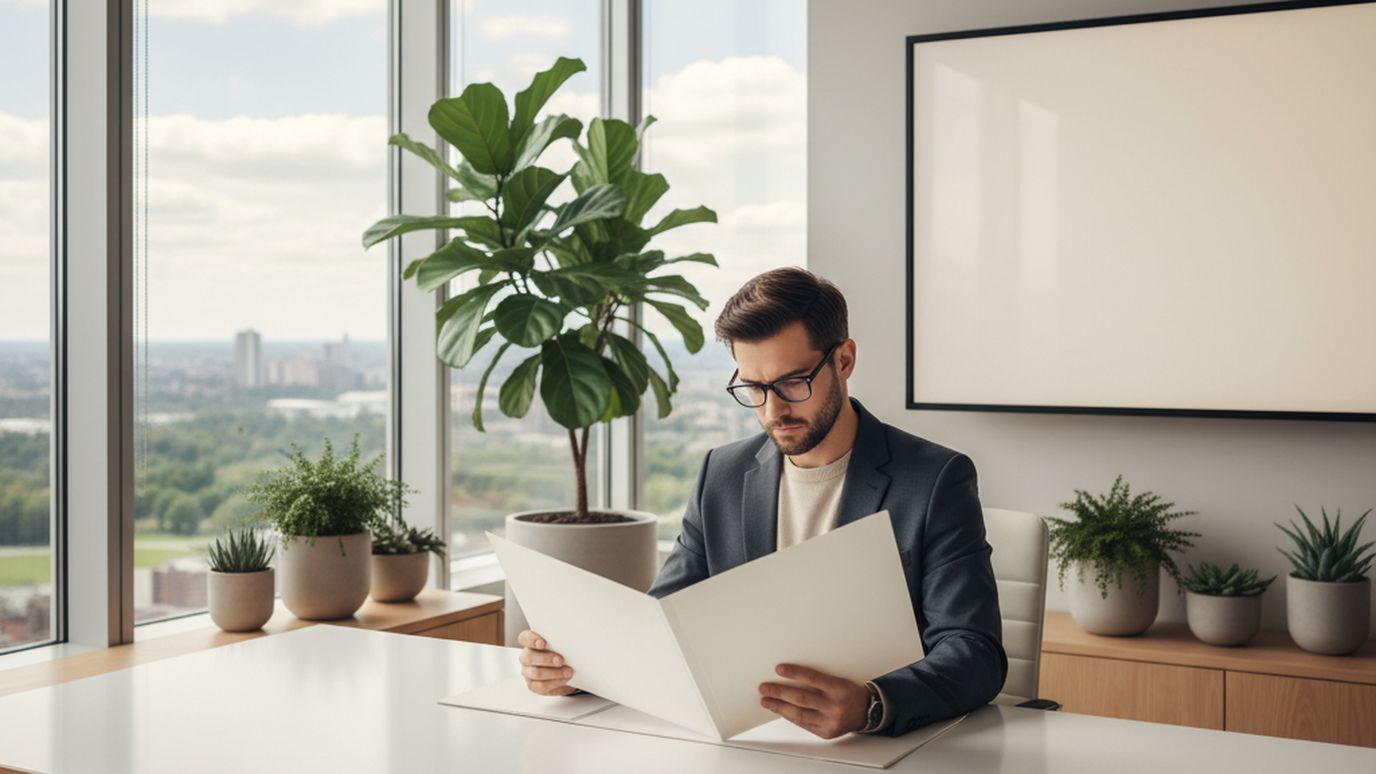 Business owner reviewing financial documents related to loan default risk analysis in a modern office