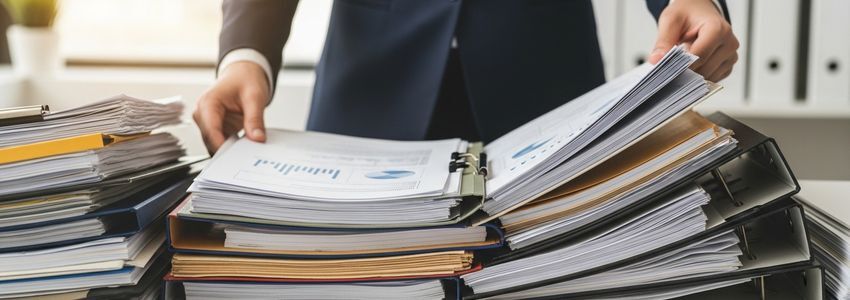 Business professional organizing financial documents and loan application paperwork