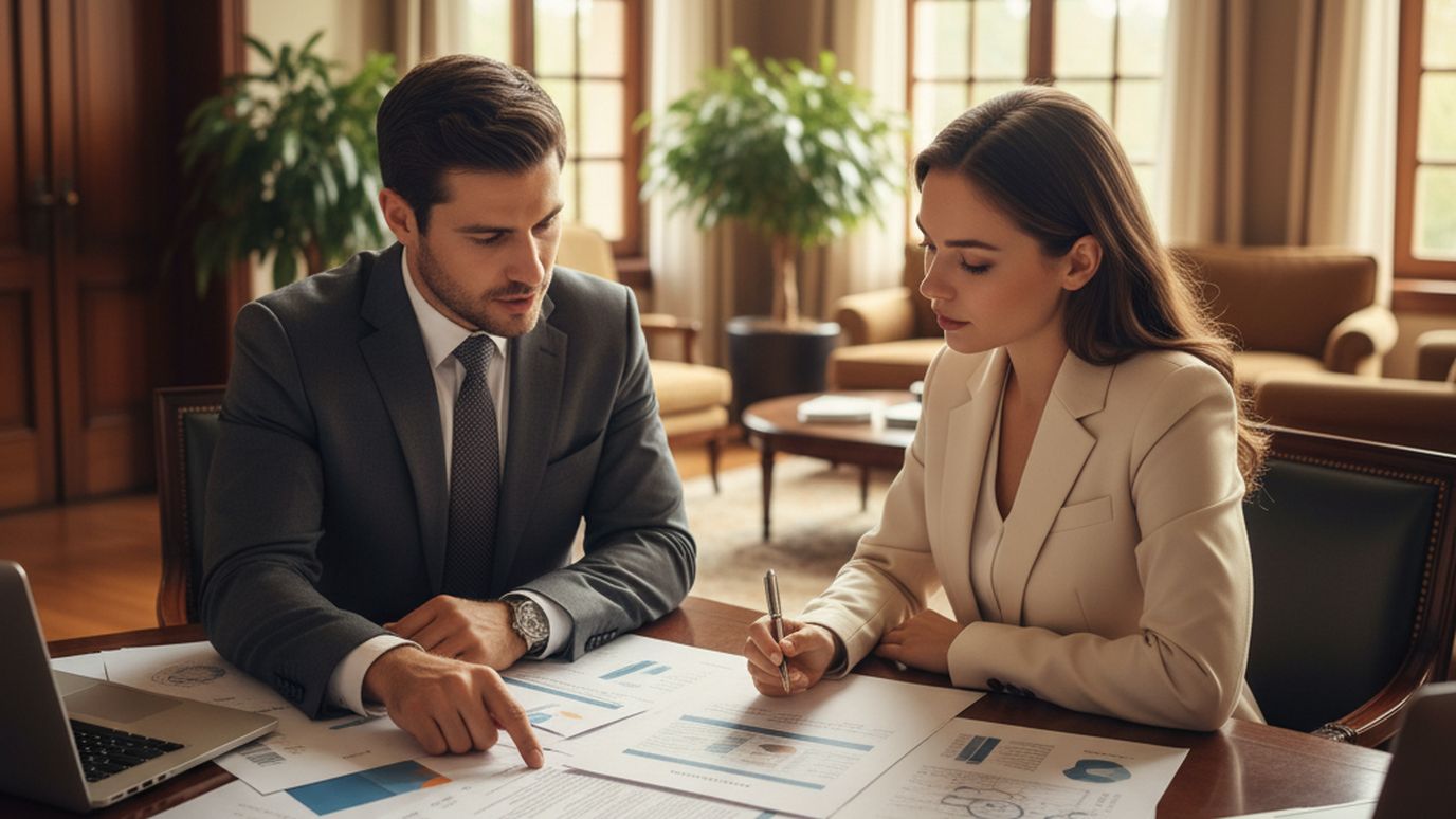 Two business professionals carefully reviewing loan documents and comparing financing options