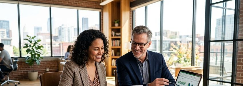 Small business owner and financial advisor reviewing cash flow documents and a laptop in a modern office during a turnaround financing consultation