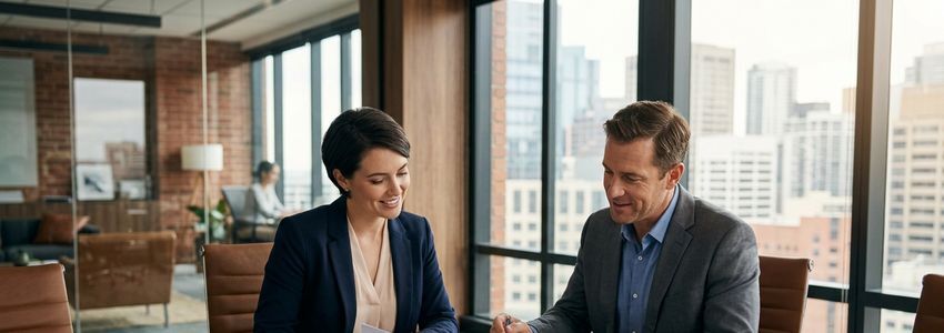 Small business owner and financial advisor reviewing early-stage business loan options at a professional office