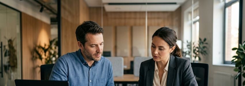 Small business owner reviewing recertification and compliance paperwork with a consultant in a modern office