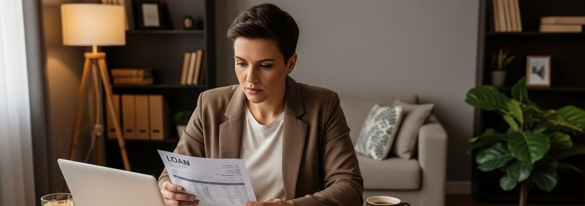Business owner reviewing loan application timeline and documents at desk
