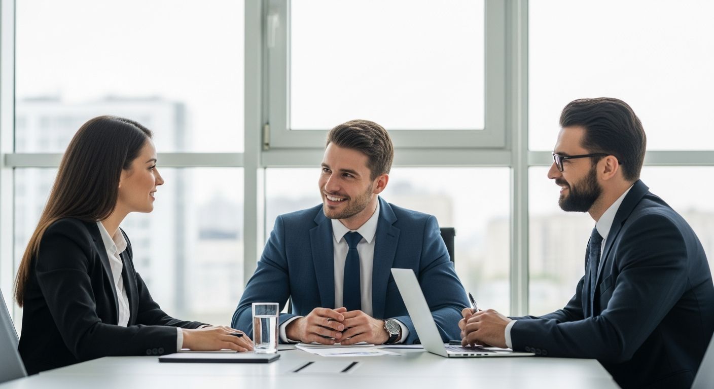 Business partners reviewing financing options and loan terms in a modern conference room