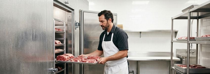 Butcher shop owner operating a commercial meat slicer in a retail meat market